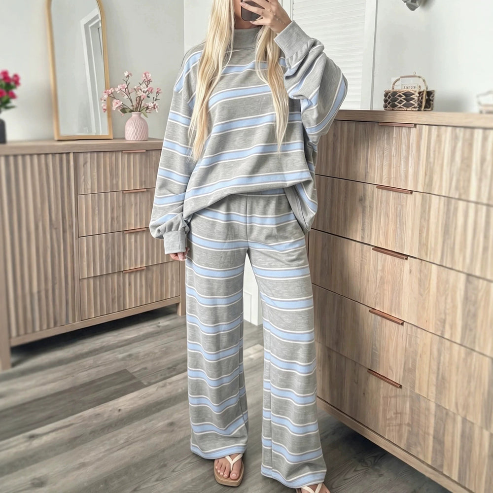 Grey striped mock neck top and matching wide-leg trousers