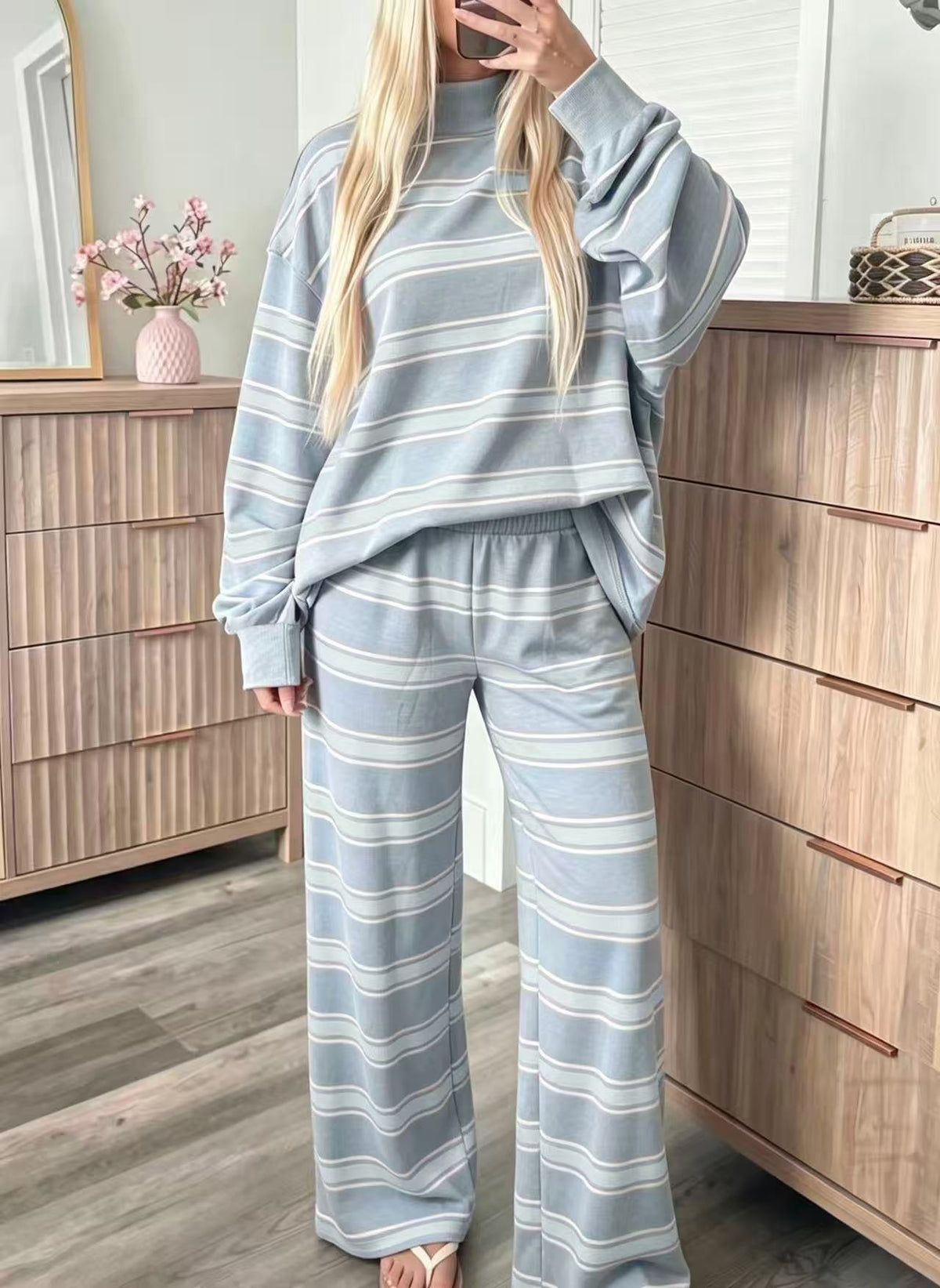 Women’s Striped Mock Neck & Wide Leg Two-Piece Set