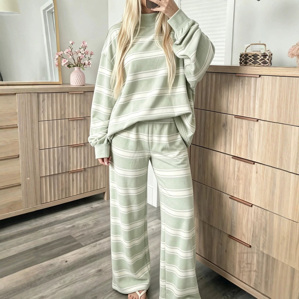 Light Green striped mock neck top and matching wide-leg trousers