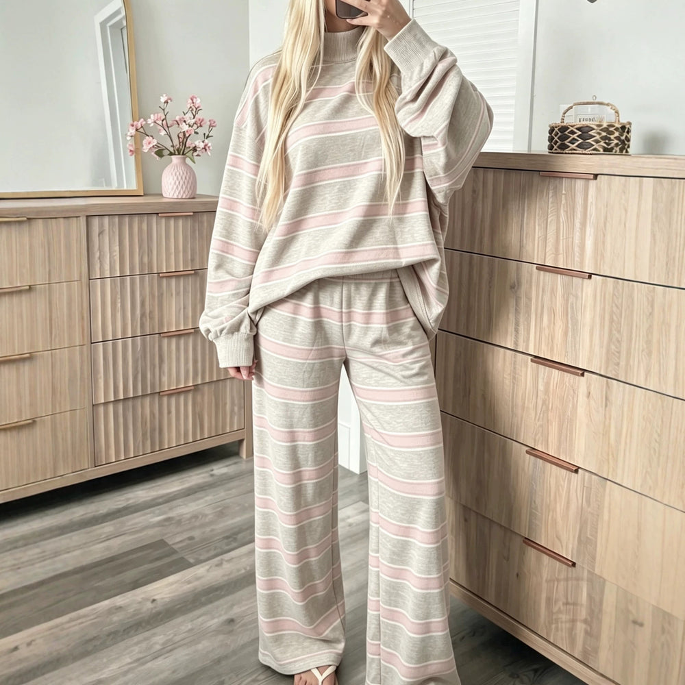 Pink striped mock neck top and matching wide-leg trousers
