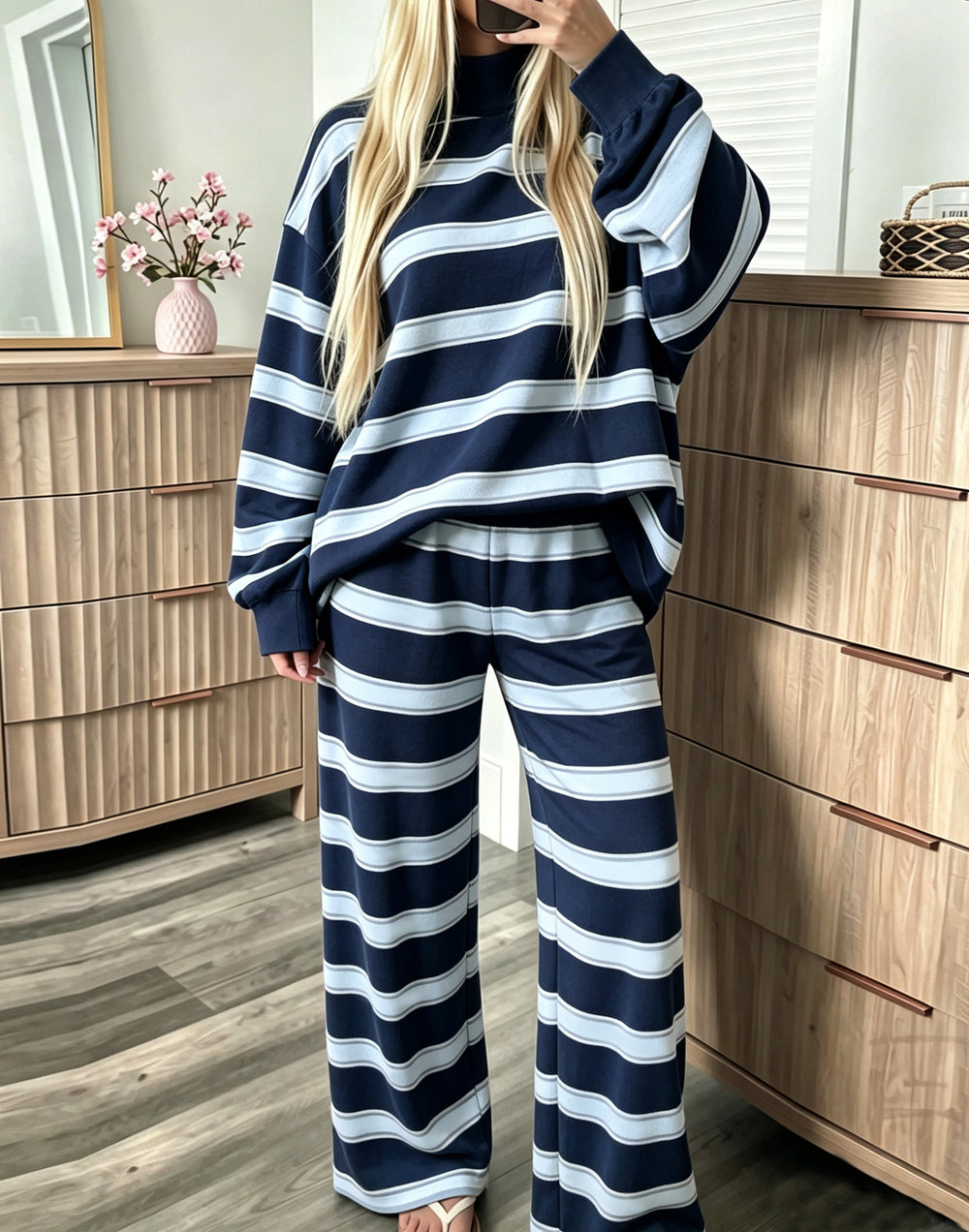 Navy Blue striped mock neck top and matching wide-leg trousers