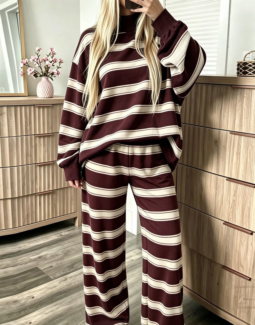 Women’s Striped Mock Neck & Wide Leg Two-Piece Set