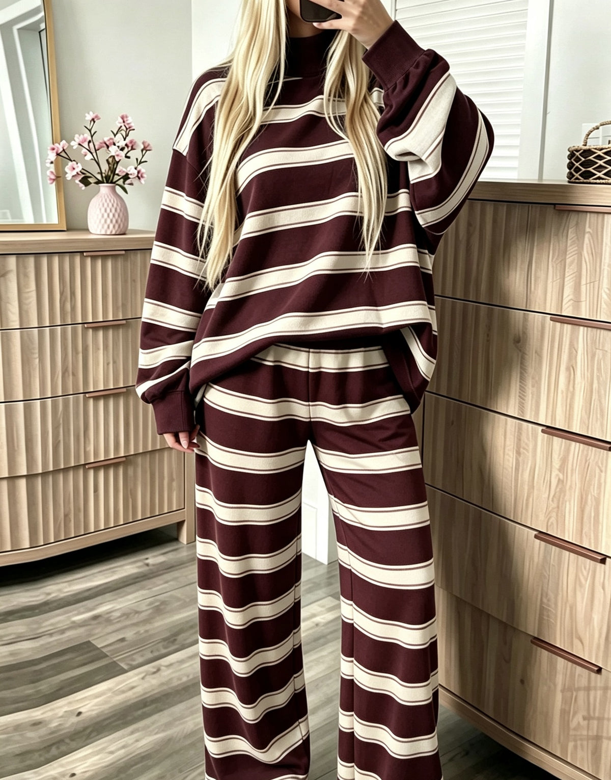 Women’s Striped Mock Neck & Wide Leg Two-Piece Set
